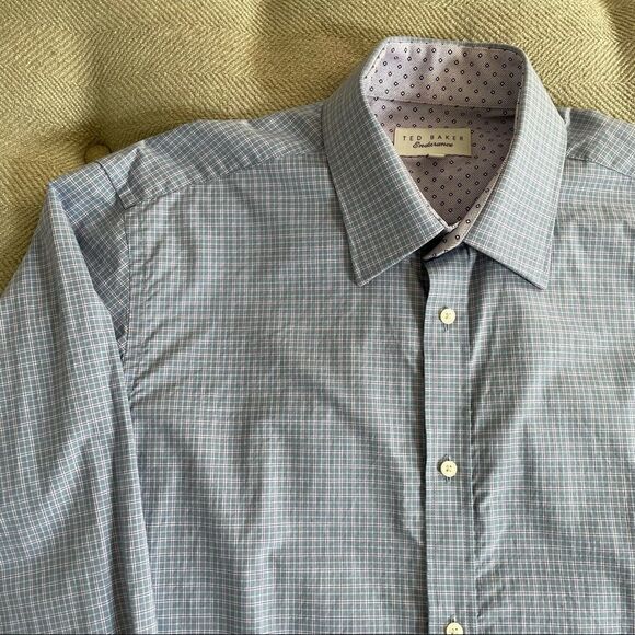 Ted Baker Button Up Shirt Blue Lavender Plaid Contrast Placket Cuffs 16 32 33 - Picture 1 of 10